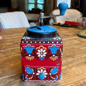Anthropologie Red and Blue Hand-Crank Coffee Grinder